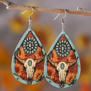 Wooden Turquoise Bull Head Cow Skull Teardrop Shaped Sunflower Wood Earrings